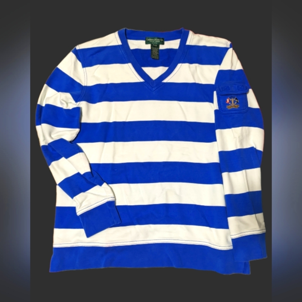Ralph Lauren Jeans Blue Striped V-Neck Sweatshirt